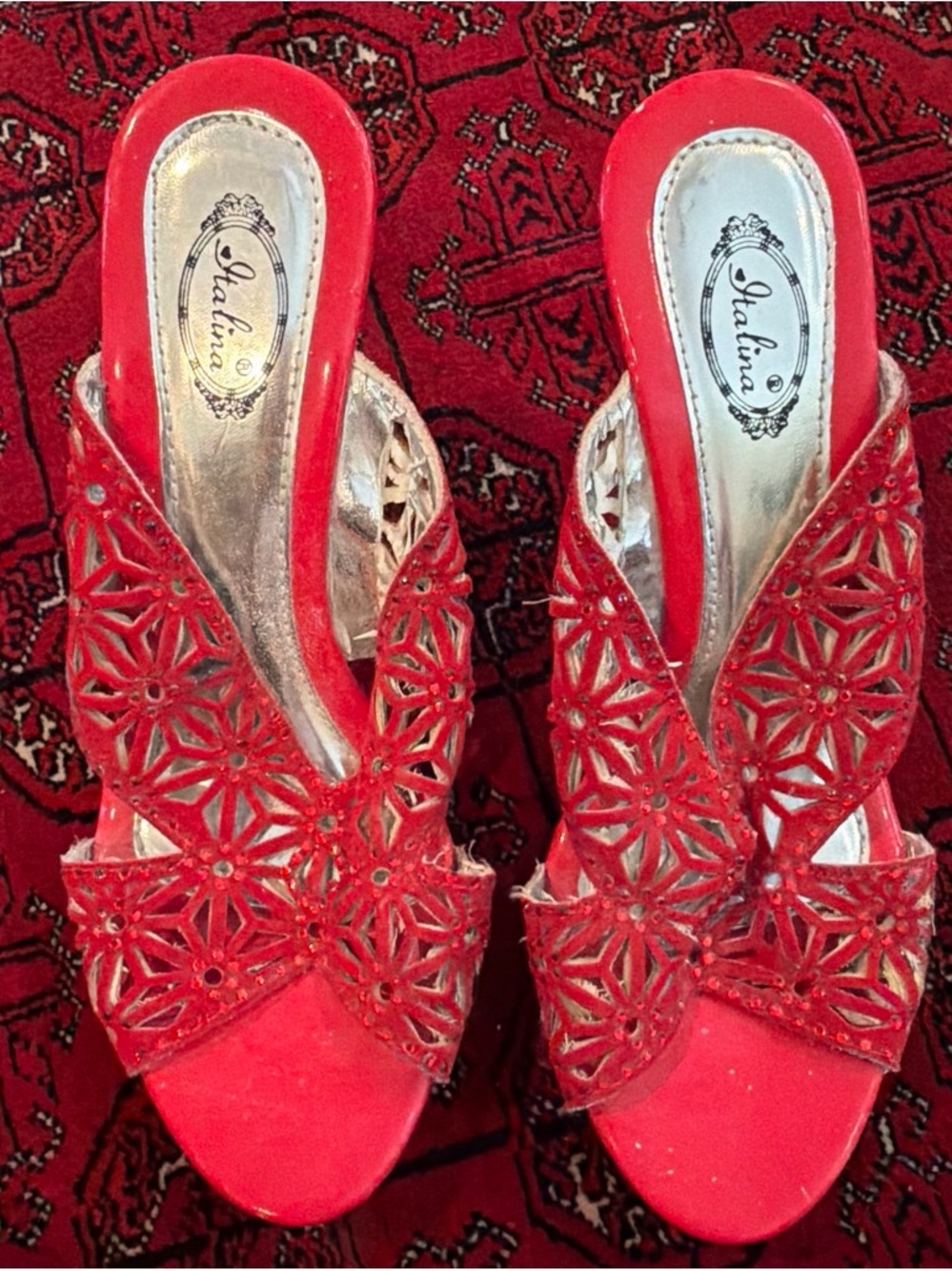 Italina Red Laser-Cut Floral Slide Mules with Metallic Insole